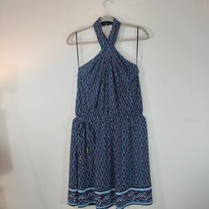 Michael Kors Blue Red Mosaic Wave Halter Dress